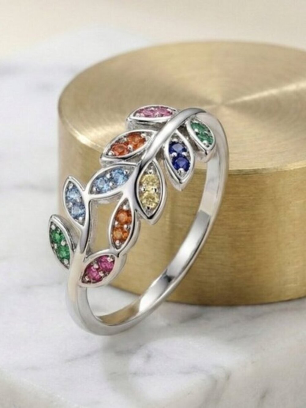 Multicolor CZ Leaf Vine Ring S925 Sterling Silver Cottagecore Naturecore Size 7